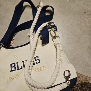 thirty-one Cream and Navy Rope-Handle Tote with Sports Embroidery